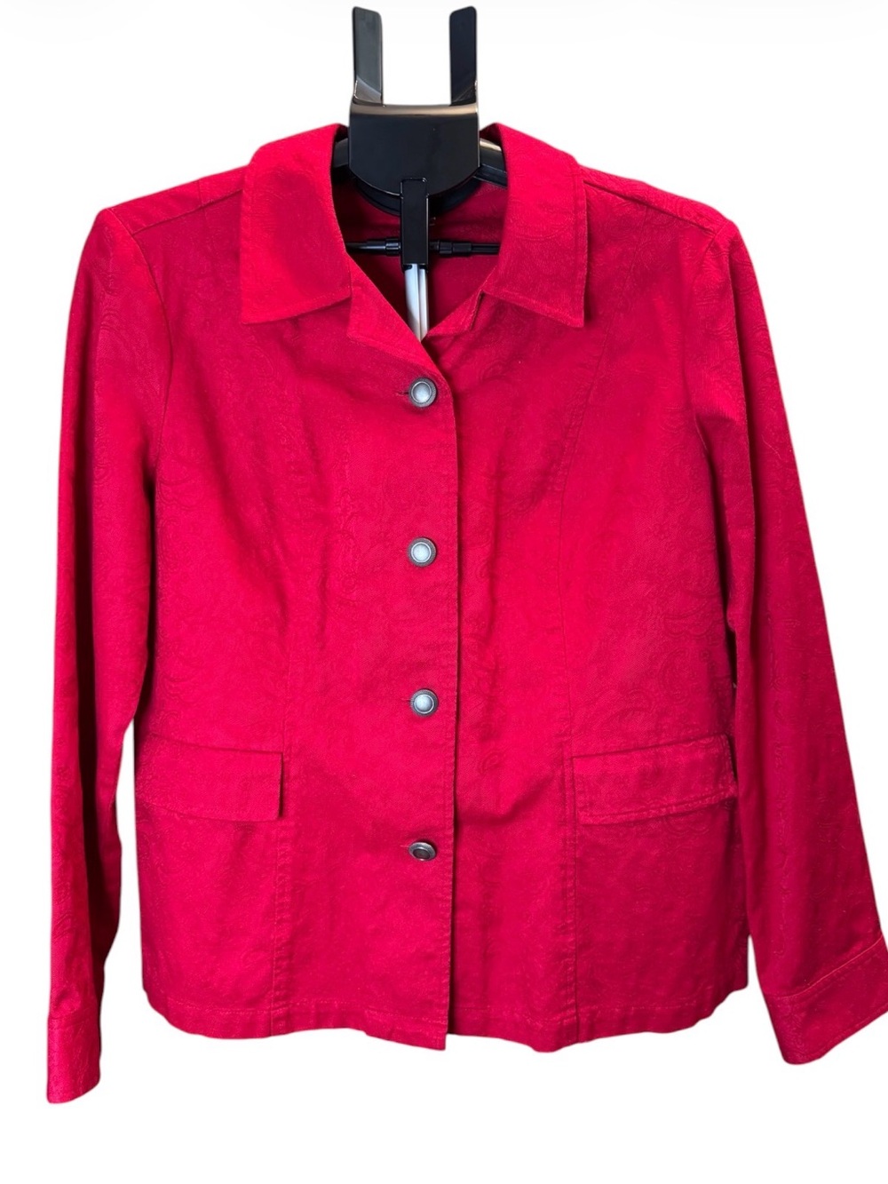 Christopher & Banks Bright Red Button-Front Paisley textured lightweight jacket
